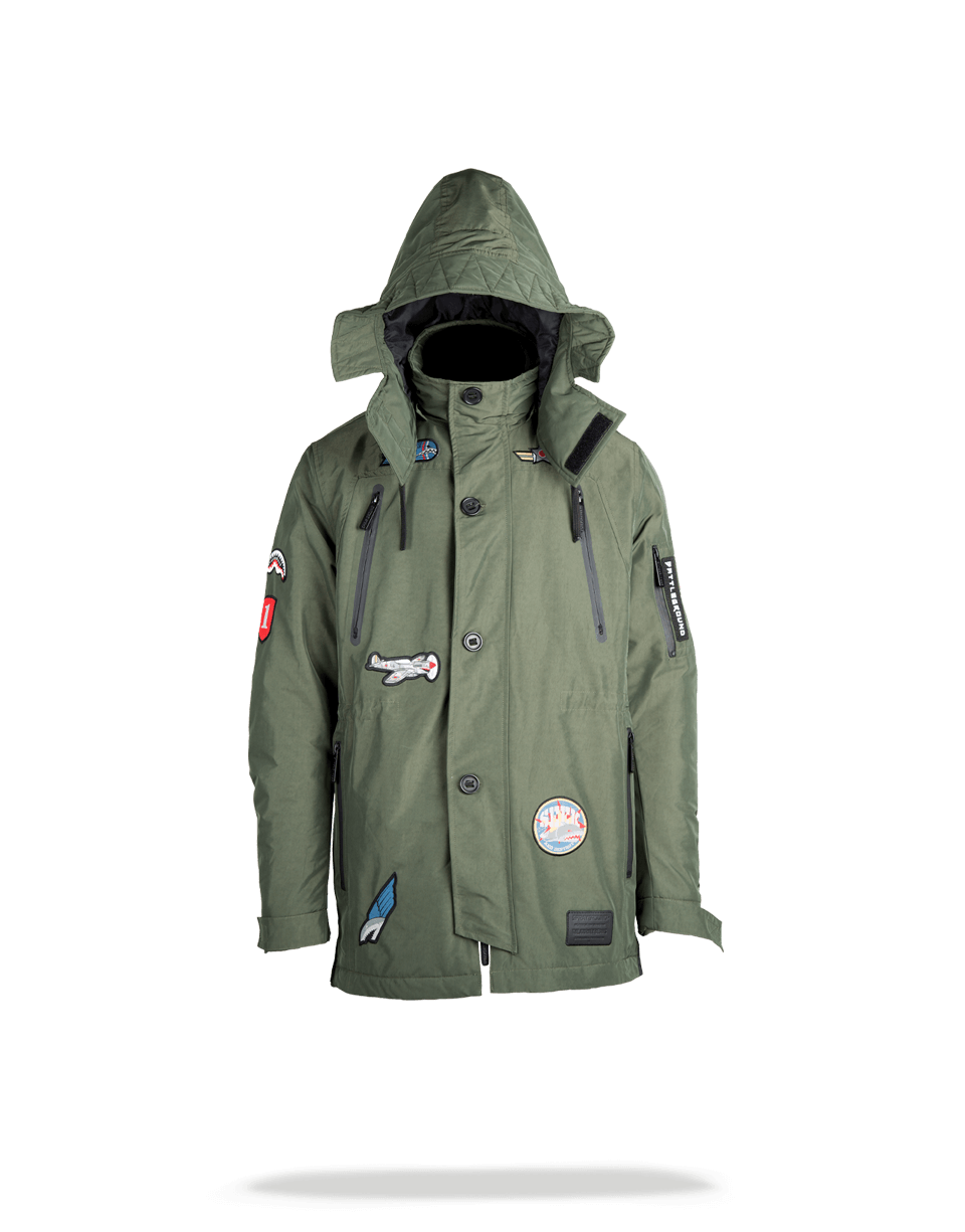 GREEN ARMY PATCHES LONG PARKA HOODY MENS (SIZE SMALL)